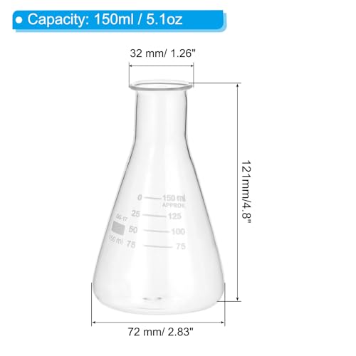 PATIKIL Erlenmeyer Flask, 150ml 5.1oz Narrow Mouth Graduated Flasks Borosilicate Glass with Printed Graduation for Lab Experiment Chemistry Science Study - size: 150ml/4.95oz
