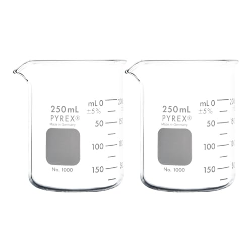 PYREX Griffin Borosilicate Glass Beaker- Low Form Graduated Measuring Beaker with Spout – Premium Scientific Glassware, 250mL (Shelf Pack of 2) - size: 250ML