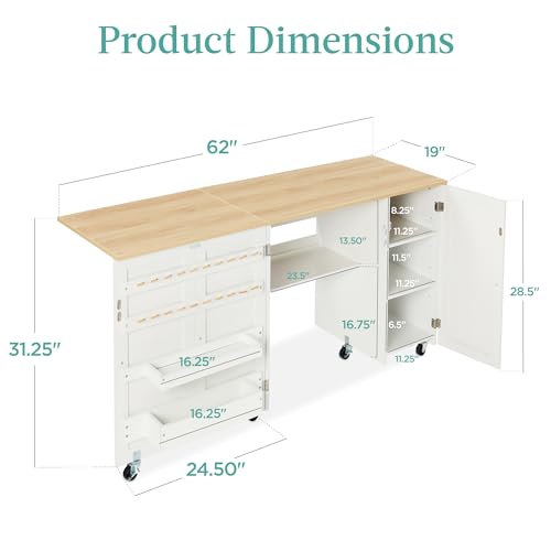 Best Choice Products Large Folding Sewing Table, Multipurpose Portable Craft Station & Side Desk w/Compact Design, Caster Wheels, Storage Shelves, 2 Storage Trays, Magnetic Doors - Natural/White - color: Natural/White