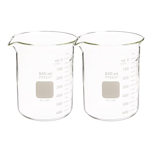 PYREX Griffin Borosilicate Glass Beaker- Low Form Graduated Measuring Beaker with Spout – Premium Scientific Glassware, 800mL (Shelf Pack of 2) - size: 800ML