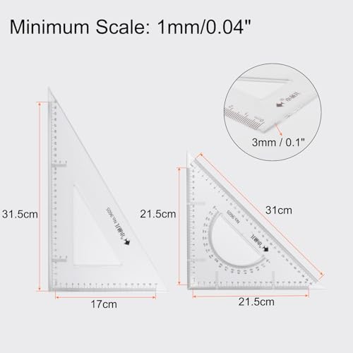HARFINGTON 4piece Triangle Ruler Square Set 31cm 30/60 and 45/90 Degrees Measuring Tools for Classrooms Home Office, Transparent - size: 31cm