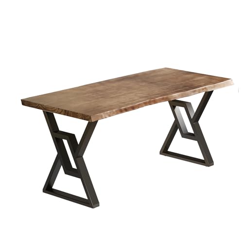 55 Inch Real Wood Desk for Home Office, Solid Pine Writing Desk with Natural Live Edge, Rustic Computer Desk with Industrial Metal Legs, Large Workstation Table for Study, Gaming and Dining - size: YC-2