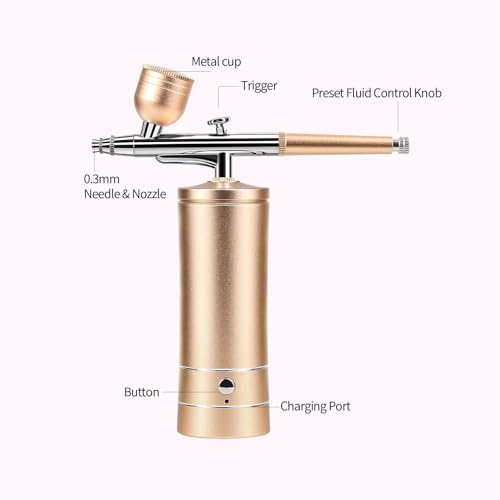 Airbrush Kit Air Brush Kit With Air Compressor Nail Charms Wireless Air Brush for Barber, Nail Art, Cake Decor, Makeup, Model Painting (Golden) - color: Golden