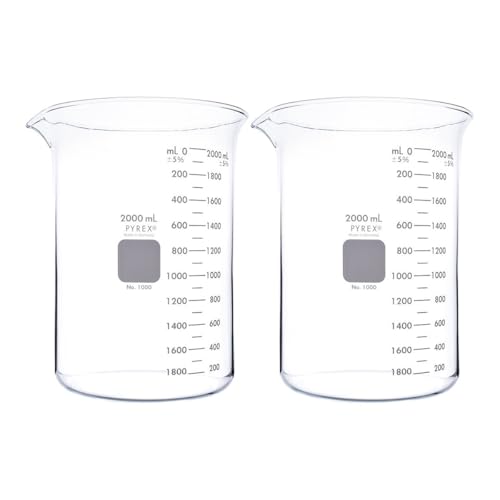 PYREX Griffin Borosilicate Glass Beaker- Low Form Graduated Measuring Beaker with Spout – Premium Scientific Glassware, 2000mL (Shelf Pack of 2) - size: 2000ML