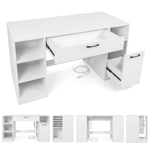 COSTWAY Sewing Machine Table with Power Outlets, Massive Storage (White) - color: White