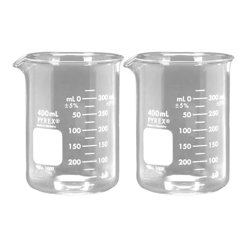 PYREX Griffin Borosilicate Glass Beaker- Low Form Graduated Measuring Beaker with Spout – Premium Scientific Glassware, 400mL (Shelf Pack of 2) - size: 400ML