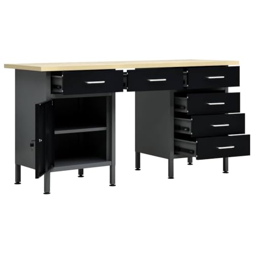 Heavy Duty Workbench 63"x23.6"x33.5" Steel Workstation with 6 Drawers and Lockable Cabinet for Garage Workshop