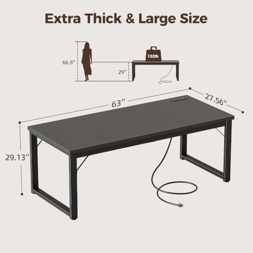 Mericonia 63x28 Inch Computer Desk w/Power Outlets, 1.2" Thick Office Table - color: Black, size: 63*28,1.2"T