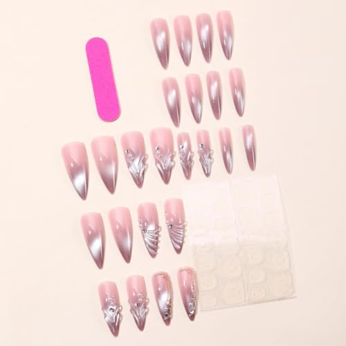 Long Press on Nails Almond, Acrylic Press on Nails with Flower Designs, Long Almond Nail Tips for Women 24pcs - color: Color31