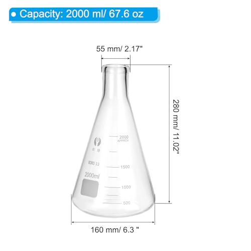 PATIKIL Erlenmeyer Flask, 2000ml 67.6oz Narrow Mouth Graduated Flasks Borosilicate Glass with Printed Graduation for Lab Experiment Chemistry Science Study - size: 2000ml/66oz