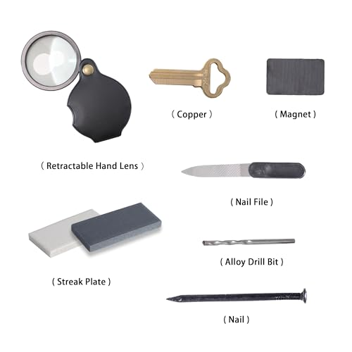 Mineral ID Kit - 7 Pieces - Includes Streak Plate, Magnet, Nail, Copper, Retractable Hand Lens, Nail File, Alloy Drill Bit for Geology Classrooms & Field Analysis