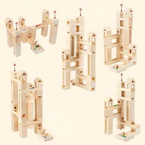 Wooden Marble Run for Kids Ages 4-8, 60 Pieces Wood Building Blocks Toys and Construction Play Set, Marble Track Maze Game STEM Learning Toys Gifts for Boys Girls - color: 60 Pcs