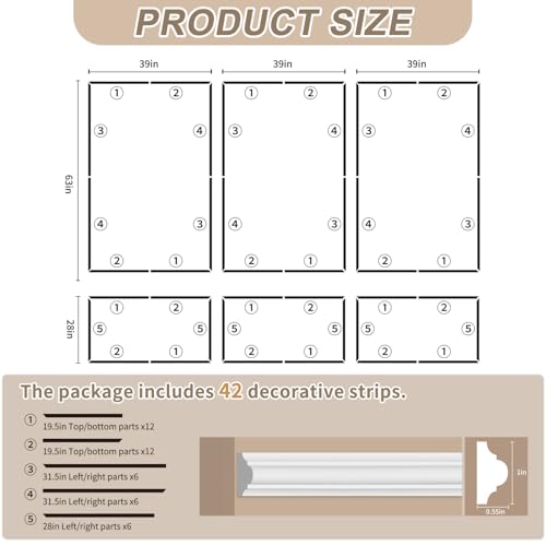 JBER Peel and Stick Wall Molding Kit, 6 Pre-Cut Wainscoting Panels - color: White-3 Pack-A, size: 91 x 39 in
