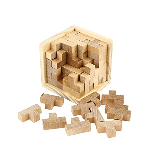 AHYUAN Wooden Brain Teaser Puzzles Cube Stocking Stuffers Wooden Puzzles T-Shaped Jigsaw Logic Puzzle Educational Games Toy for Kids and Adults (Natural) - color: Natural