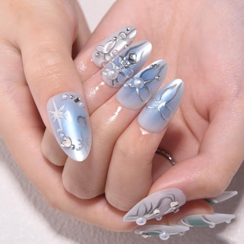 evpct 3D Bow Cat Eye Press on Nails Short Almond with Silver Line Heart - color: 3D Silver Line Heart, size: Short Almond