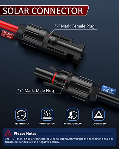 ELECTOP Solar Extension Cable with Solar Double Cable Entry Gland, 10AWG Solar Panel Cable Connector with Female and Male Connector Adapter Kit for Solar Project on RV Boat Van Solar Panels
