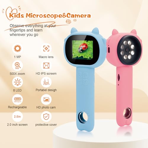 Microscope for Kids - 2.4" Screen Mini Pocket Handheld Microscope for Toddlers-STEM Educational Science Kit Toys for Christmas Birthday Gifts Science Kit Toddler for Boys Girls Aged 3-12 (Light Blue) - color: Light Blue