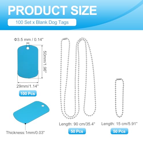MECCANIXITY Blank Dog Tags Rectangle Blank Aluminum Blank Keychains Two Size Length Ball Steel Chains Metal Personalized Pet Tags with Hanging Hole for DIY Crafts Light Blue, 100 Set - color: Light Blue