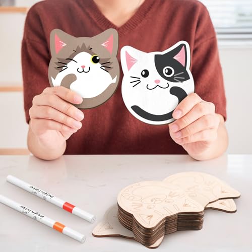 Patelai 24 Pcs Cat Coasters Craft Set Wooden DIY Coasters Painting Kit with Markers Unfinished Cat Slices Make Your Own Wood Ornament Gift for Adults Handmade Holiday Decor Supplies - style: Cat