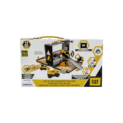 CAT Construction Toys, Store N Go Playset - Tin Travel Case Transforms into Multi-Level Worksite, Includes 2 Little Machines Vehicles & 10 + Accessories, Portable STEM Toy for Kids Ages 3 + - style: Compound Store N Go Playset