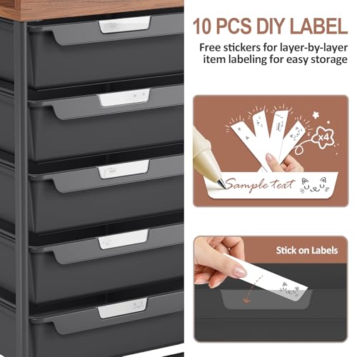 10 Drawers Rolling Cart with Wooden Tabletop, Utility Storage Cart with Wheels, Art Supply Craft Organizer on Wheel with Metal Frame & Handles for Home Office School,Black - color: Black