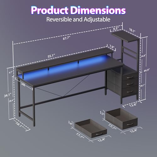 Mericonia 68 inch Gaming Desk with Drawers, Reversible Computer Desk, Black - color: Black, size: 67 inch