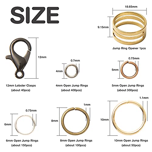 Handyman Crafts Jump Rings Kit With1000PCS Open Jump Rings 40PCS 12mm Lobster Clasps and Jump Rings Opener for Jewelry Making Keychains and Necklace Repair (Bronze) - color: Bronze