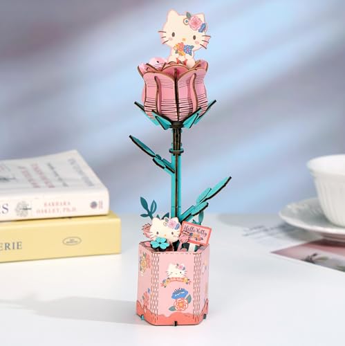 Hands Craft Hello Kitty and Friends Pink Rose 3D Wooden Puzzle Kit | DIY Flower Model | Arts & Crafts for Adults & Kids | Creative Hobby Kits | Hello Kitty Collectible | Wood Building Set - color: Hello Kitty Pink Rose