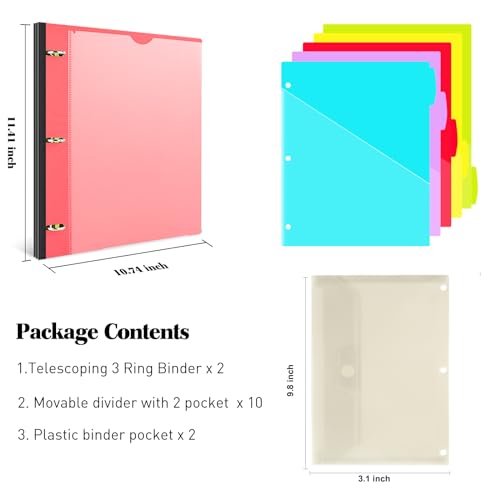 INFUN 1 Inch Telescoping Project Organizer Binder-2PCS,13 Pocket, Customizable Front Cover, 5 Colors Pocket Divider and Plastic Binder Pocket,225 Sheet Capacity-Red - color: Red, size: 2 PCS