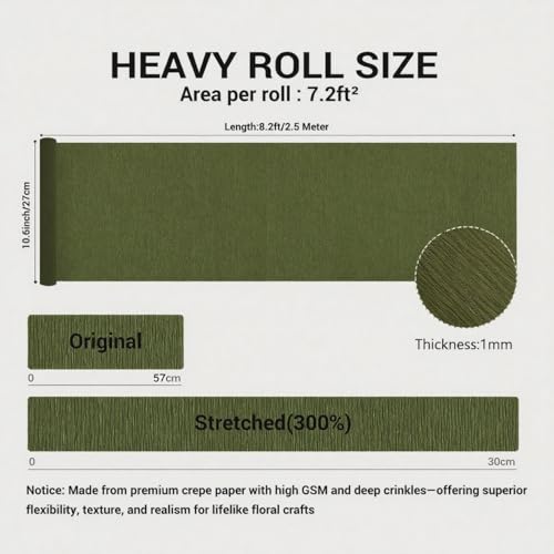 Heavy Crepe Paper for Flower Making, DIY Crafts | Italian-Quality Crepe Paper with 300% Stretch | Papel Crepe de Colores Paquete - color: Olive Green, size: Short (10.6")