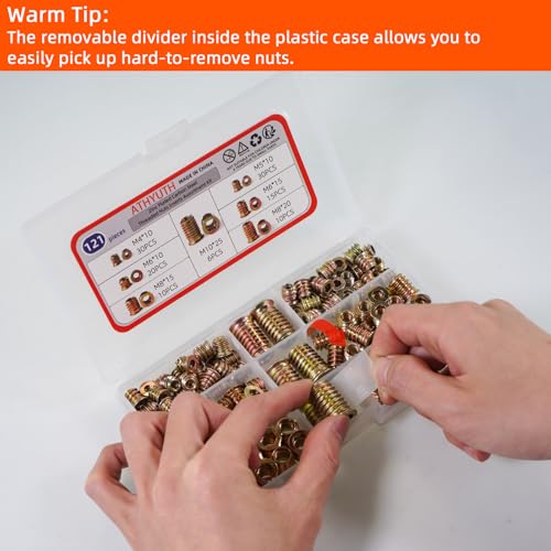Threaded Inserts for Wood, 121 Pieces Zinc Plated Steel Thread Insert Nuts Assortment kit for Hardwoods, Hex Socket Flanged Threaded Wood Inserts M4 M5 M6 M8 M10 Screw Inserts for Wooden Furniture