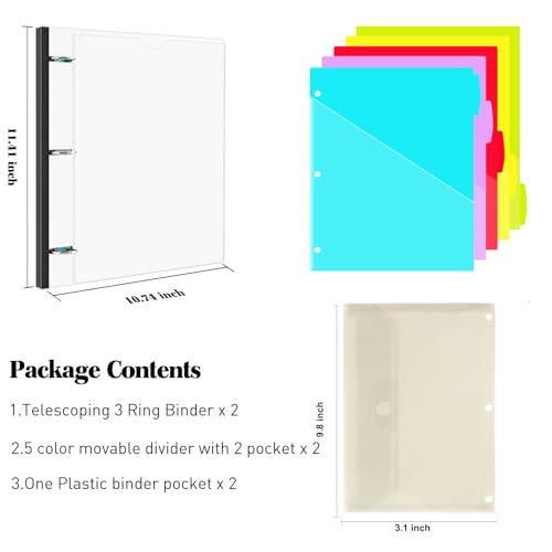 INFUN 1 Inch 3-Ring Telescoping Project Organizer Binder-2PCS,13 Pocket, Customizable Front Cover, 5 Colors Pocket Divider and Plastic Binder Pocket,225 Sheet Capacity-White - color: White, size: 2 PCS