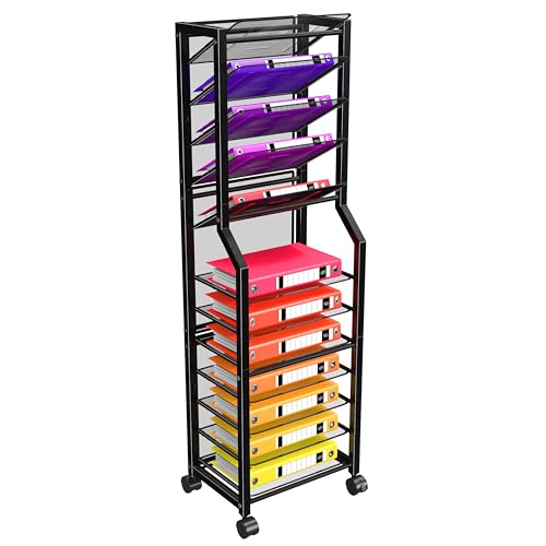Simple Trending 12 Tier Rolling File Cart, Desk File Organizer with Sliding Trays and Metal Mesh Paper Letter Storage Multi Functional Rolling Clutter Cart for Office, Home, School, Black - style: 12 Tier-Black