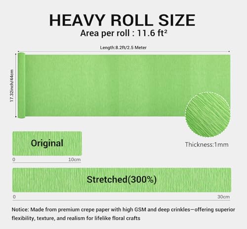 Heavy Crepe Paper for Flower Making, DIY Crafts | Italian-Quality Crepe Paper with 300% Stretch | Papel Crepe de Colores Paquete - color: Grass Green, size: Long (17")