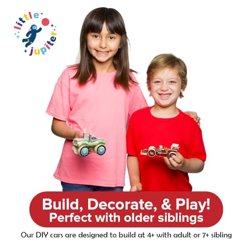 Little Jupiter DIY Wooden Kits w/Stickers - Stem Building Toys - Wood Crafts - Woodworking Kits - Wood Building Kits for Ages 4-7 Yrs (Open & Closed Wheel Race Cars) - size: Open and Closed Wheel Race Cars