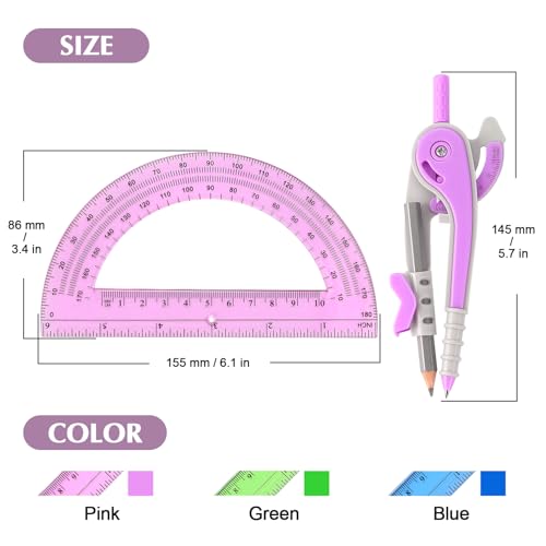 ZZTX 180-Degree Protractor and Compass Set 3 Colors