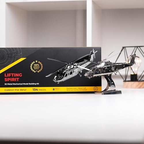 METAL-TIME Lifting Spirit Mechanical Helicopter Model Building Kit | Unique Wind-Up Moving Mechanism | Stainless Steel DIY Construction with Toolbox Collectible Model - 134 Pieces
