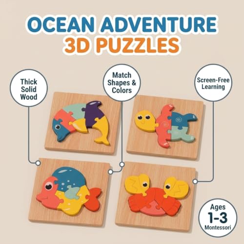 Wooden Puzzles for Toddlers Ages 3+, Montessori Ocean Animal Puzzle Set of 4 – Fine Motor Skills Learning Toy with Storage Box and Travel Bag, Screen-Free Preschool Gift (Ocean Adventure) - style: Ocean Adventure