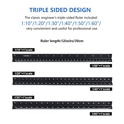 Architectural and Engineering Scale Ruler Set, Imperial Measurements 12'' - color: Black-A&E