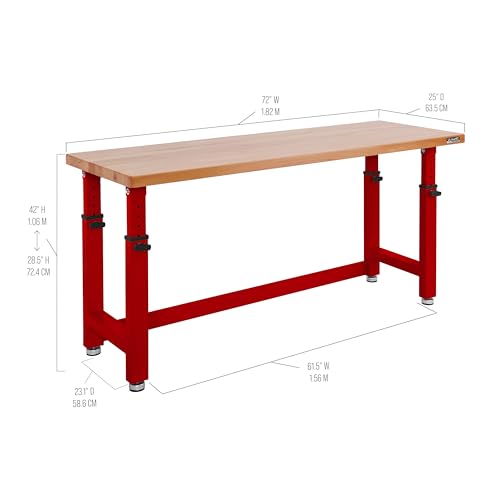 Seville Classics UltraHD Heavy Duty Workbench Table w/Solid Wood Top, 1000 lbs. Weight Capacity Workstation for Garage, Warehouse, Workshop, Red, 72" W x 25" D x 28.5" to 42" H Desktop - color: Red, size: 72" W x 25" D x 28.5" to 42" H Desktop