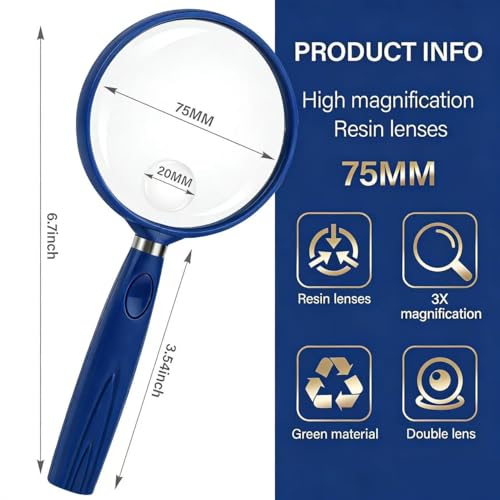 Feosky Handheld Reading Magnifier, 3X Magnifier, 75mm Shatterproof Lens, Non-Slip Handle for Adults Close Work, Seniors Reading and Nature Exploration, Hobby Observation (Blue) - color: Blue01, size: 75mm