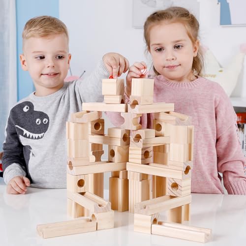 Wooden Marble Run for Kids Ages 4-8 – 80 Pieces Marble Rush Track Maze Construction Toy, STEM Building Blocks, Educational Gift for Boys & Girls - color: 80 Pcs