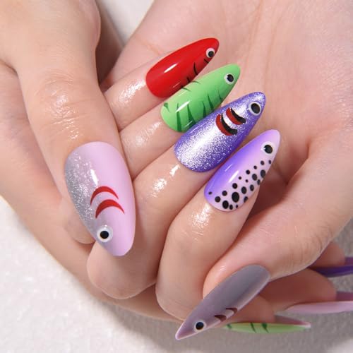 evpct Cute Costume Fish Bait Press on Nails Short Almond with Fish Lure - color: 24Pcs Fish Lure 3D, size: Short Almond