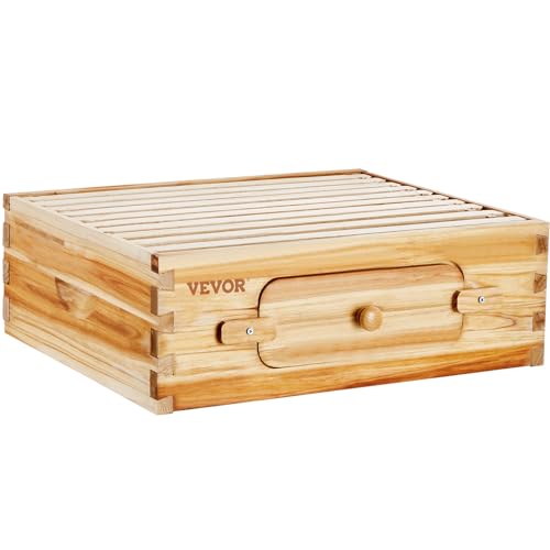 VEVOR 10 Frame Medium Super Bee Hive Box, Bee Box Dipped in 100% Beeswax, Langstroth Beehive Kit with 10 Frames and Foundations and Transparent Acrylic Windows for Beekeeping Supplement - size: Medium Super Box