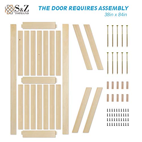 S&Z TOPHAND® 38in x 84in Unfinished British Brace Knotty Barn Door with Sliding Hardware Kit/Solid Wood/Sliding Door/Double Surfaces/A Simple Assembly is Required - size: 38x84in