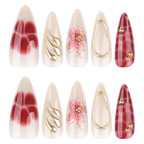 Long Press on Nails Almond, Acrylic Press on Nails with Flower Designs, Long Almond Nail Tips for Women 24pcs - color: Color28