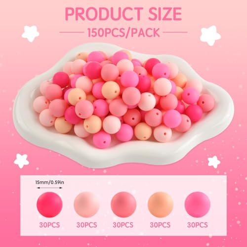 ZIFTY 150Pcs Pink Silicone Beads for Keychain Making Kit 15mm Bulk for DIY - color: Pink-150Pcs