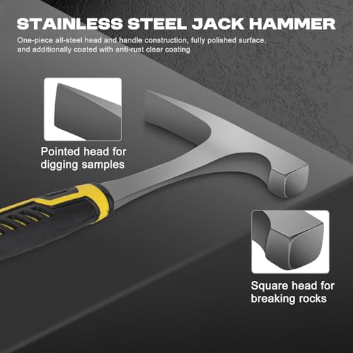 40PCS Geology Rock Pick Hammer Kit, Gold Mining & Prospecting Equipment Tool, Hammer, 3 PCS Digging Chisels Set, Shovel, Wooden Chisel, Magnifying Glass, Whistle, Goggles, flocked bags, compass