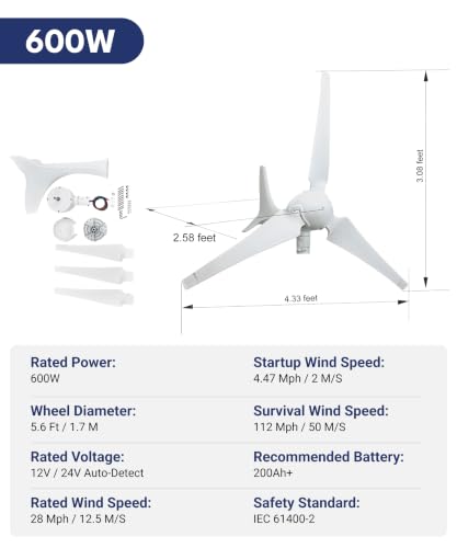 Automaxx Windmill 600W (12V/24V) (50A/25A) Wind Turbine Generator kit Wind Power MPPT Charge Controller Included (Amp, Volt & Watt Display) + Automatic and Manual Braking System. DIY Installation