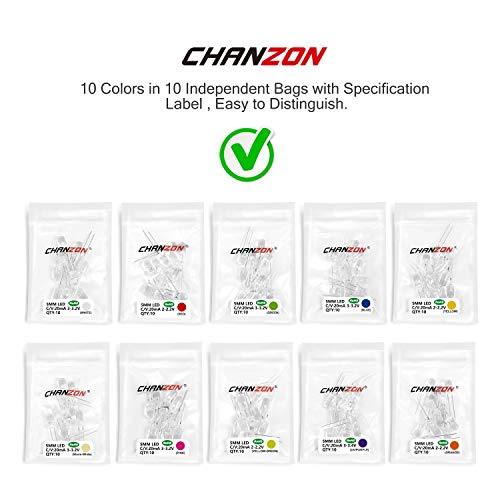 CHANZON 10 Colors 5mm LED Lamp Lights Assortment Emitting Diodes 100pcs - color: A) 10 Colors Assortment, size: 5mm Round Top